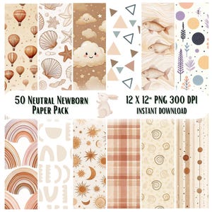 50 Printable Neutral Newborn Paper Pack, Boho Baby Nursery Ephemera, New Baby Shower Pages, Download Junk Journal, Scrapbooking, Card Making