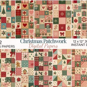 Carta digitale patchwork natalizia, modelli di scrapbooking senza soluzione di continuità per trapunte e lavoretti natalizi.