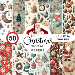 Pacchetto di carta digitale natalizia vintage da 50 pezzi, vacanze invernali, vecchio sfondo festivo di Natale, gnomi, Babbo Natale, motivo natalizio con renne