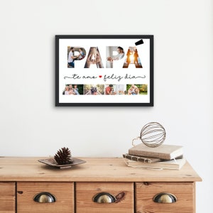 Puede incluir: Un collage de fotos enmarcado en negro con la palabra "PAP&Aacute;" deletreada en fotos. Las fotos son de una familia, y las palabras "te amo feliz dia" est&aacute;n escritas debajo de las fotos.