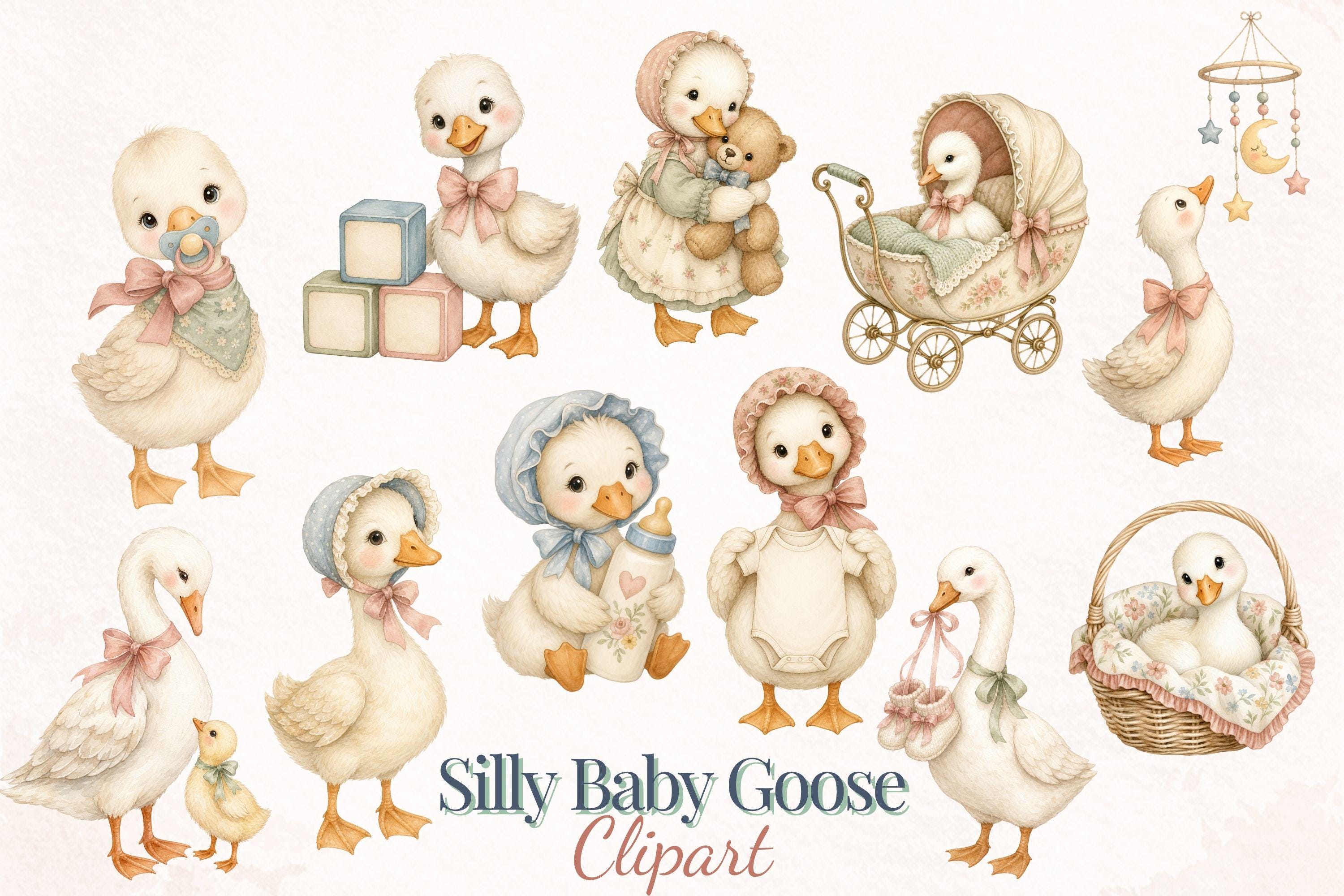 Baby Shower Goose Watercolor Clipart Bundle, Nursery Duckling PNG for ...