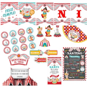 Kit Imprimible Circo. Texto editable. Cumpleaños, bautizos, baby shower. Etiquetas, tarjetas. Printables, digital downloads