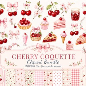 Puede incluir: Una colección digital de ilustraciones en acuarela con cerezas rojas, lazos rosas, postres de cereza, pasteles y ramas florales. Una etiqueta central muestra el texto CHERRY COQUETTE Clipart Bundle PNG/JPG files instant download.