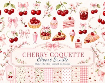 Cherry Coquette-clipartbundel, verjaardagsnummers en naadloos digitaal papier