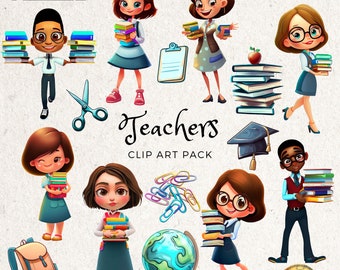 May include: Clip art pack of teachers with various school supplies. The pack includes a globe, a backpack, a protractor, a graduation cap, a clipboard, scissors, paper clips, and stacks of books. The teachers are illustrated as cartoon characters with different hairstyles, clothing, and accessories.
