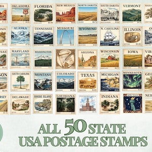 May include: A collection of 50 vintage-style USA postage stamps, each depicting a different state with illustrations of landmarks and landscapes. The text "ALL 50 STATE USA POSTAGE STAMPS" is also visible.