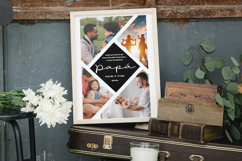 Puede incluir: Un collage de fotos enmarcado con fondo blanco y formas de diamantes negros. El collage presenta fotos de un padre y sus hijos. El texto "Pap&aacute;" est&aacute; escrito en cursiva negra sobre una forma de diamante negro. El texto "Feliz Dia - Te Amo" est&aacute; escrito en negro debajo de la palabra "Pap&aacute;".