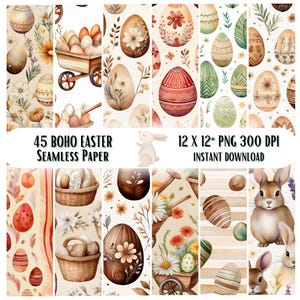45 Boho Pâques Seamless Paper Bundle Imprimable, Rustique Pâques Junk Journal Woodland Neutre Vacances Emballage Modèles Floral Lapins