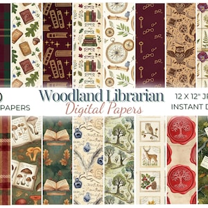 Woodland Librarian Digital Paper, Dark Academia Forest Seamless Pattern, Vintage Bookish Scrapbook Background