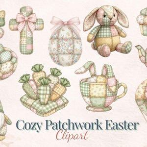 Puede incluir: Una colección de imágenes prediseñadas de Pascua con patchwork. Incluye una mariposa, una cruz, un huevo de Pascua, un conejito, una magdalena, una tetera, una cesta de huevos, zanahorias, una taza de té con orejas de conejo, un gnomo y un globo aerostático.