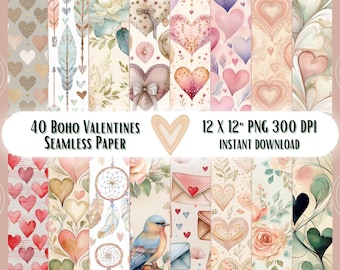 May include: 40 digital papers featuring a boho Valentine's Day theme. The papers include hearts, arrows, feathers, dreamcatchers, flowers, and birds in pink, red, blue, green, and brown colours. The papers are 12 inches by 12 inches and 300 DPI.