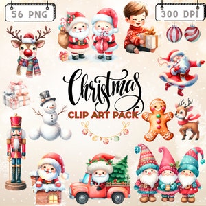 Christmas watercolor clipart, Cute Santa watercolor graphics, Winter Holidays Watercolor png, Snowman, gnomes, Nutcracker, Christmas tree