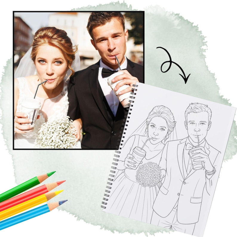 May include: A wedding-themed coloring book with a spiral binding, featuring a black and white illustration of a bride and groom drinking from cups with straws. A framed photograph of the couple drinking from cups is also shown.