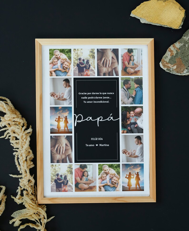 Puede incluir: Un collage de fotos enmarcado con fondo negro y texto blanco que dice "Gracias por darme lo que nunca nadie podr&aacute; darme jam&aacute;s... Tu amor incondicional. Pap&aacute; FELIZ DIA Te amo Martina".