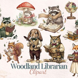 Woodland Librarian Clipart, Dark Academia Forest Animals PNG, Vintage Cottagecore Reading Clip Art image 1