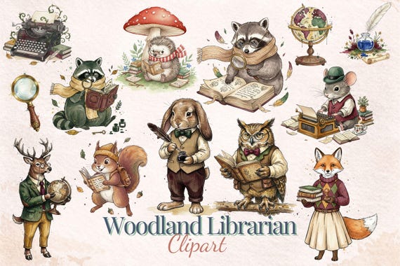 Woodland Librarian Clipart, Dark Academia Forest Animals PNG, Vintage Cottagecore Reading Clip Art