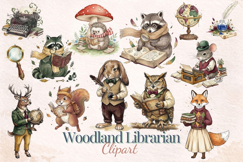 Woodland Librarian Clipart, Dark Academia Forest Animals PNG, Vintage Cottagecore Reading Clip Art image 1