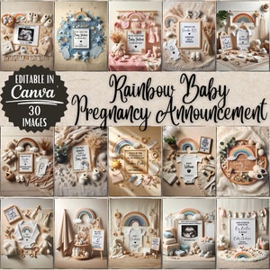 Peut inclure: Un ensemble de 30 images numériques à utiliser dans Canva. Les images présentent un arc-en-ciel, des vêtements de bébé et d'autres articles liés aux bébés. Les images sont parfaites pour annoncer une grossesse ou célébrer un nouveau-né.