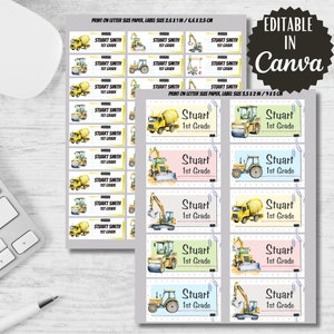 Ensemble d’étiquettes scolaires imprimables de machines de construction, Retour à l’école, autocollants de machines de construction, étiquettes d’étiquettes alimentaires, modifiables dans Canva