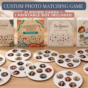 May include: A custom photo matching game set featuring four distinct square boxes and multiple round cards. The boxes display text including "Johnson's Family Matching Game" and "Josh's Birthday". The cards feature small circular portraits of various individuals.