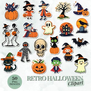 Clipart di adesivi vintage di Halloween, PNG di Halloween carini, tagli elaborati, clipart per album, diari, download digitale, zucche, streghe