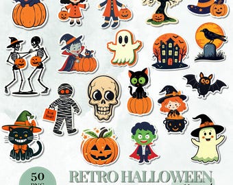 Vintage Halloween Stickers Clipart Bundle Retro Spooky Cute Ghosts Black Cat Pumpkins Printable Vintage Halloween PNG Pack for Crafts Shirts