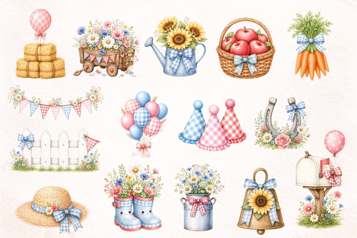 Farm Animal Watercolor Clipart Bundle, Barnyard Birthday Party Nursery ...