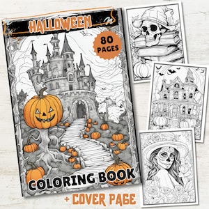 80 Halloween Big Bundle Coloring Page Book Adults + kids Printable Creepy Pumpkin Witch Coloring Pages Grayscale Coloring Page Printable PDF
