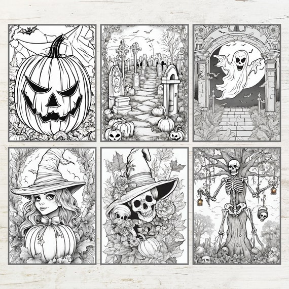 Dark Halloween Coloring Set for Adults Instant Download Printable Files 2  Grayscale Illustrations JPG and PDF Halloween 