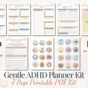 May include: A printable ADHD planner kit with seven pages, including daily, weekly, and project planning worksheets. The kit also includes two sticker sheets and a guide. The design features a soft color palette and whimsical illustrations.