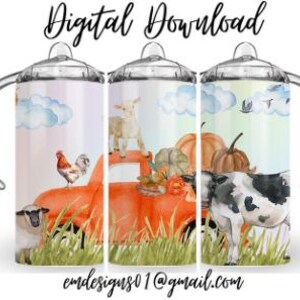 Farm Animals 300dpi 12oz STRAIGHT Skinny Sippy Cup Wrap/12oz Sippy Sublimation/Digital 12oz Cup/Animals/Farm/Clouds/Sunshine/Truck