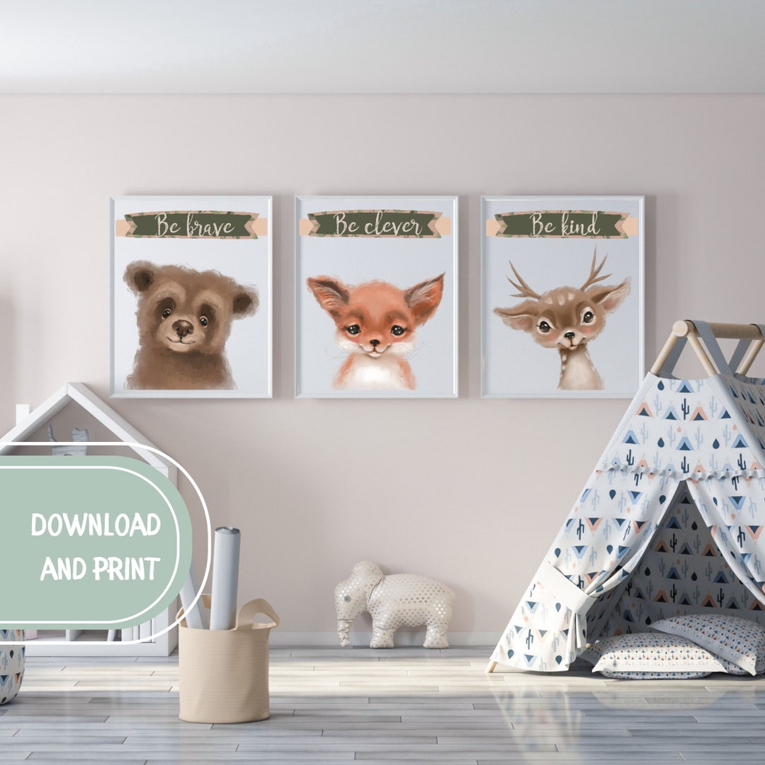 Printable Nursery Wall Art, Baby Boy Room Decor, Set of 3 Prints, Bear