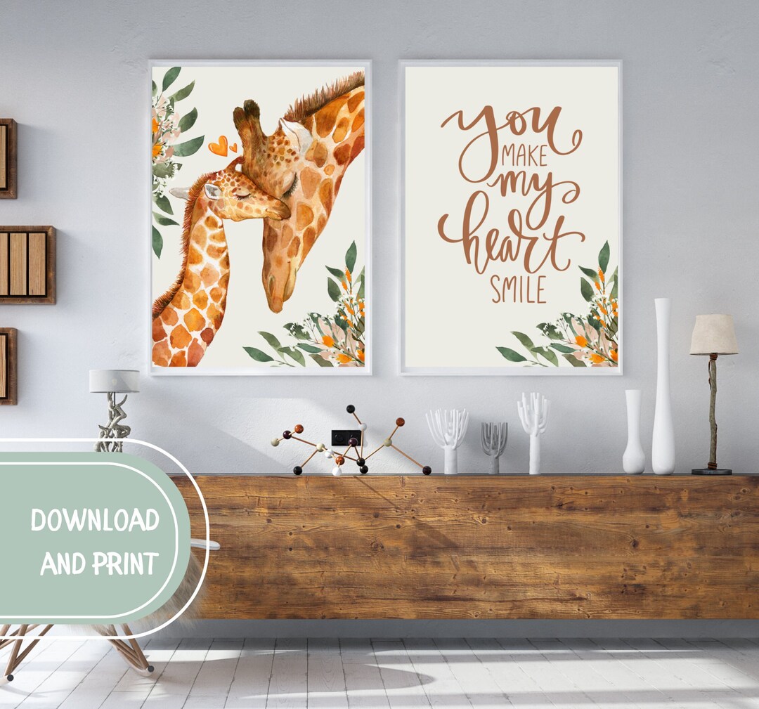 Printable Giraffe Mom and Baby Wall Art, You Make My Heart Smile Wall