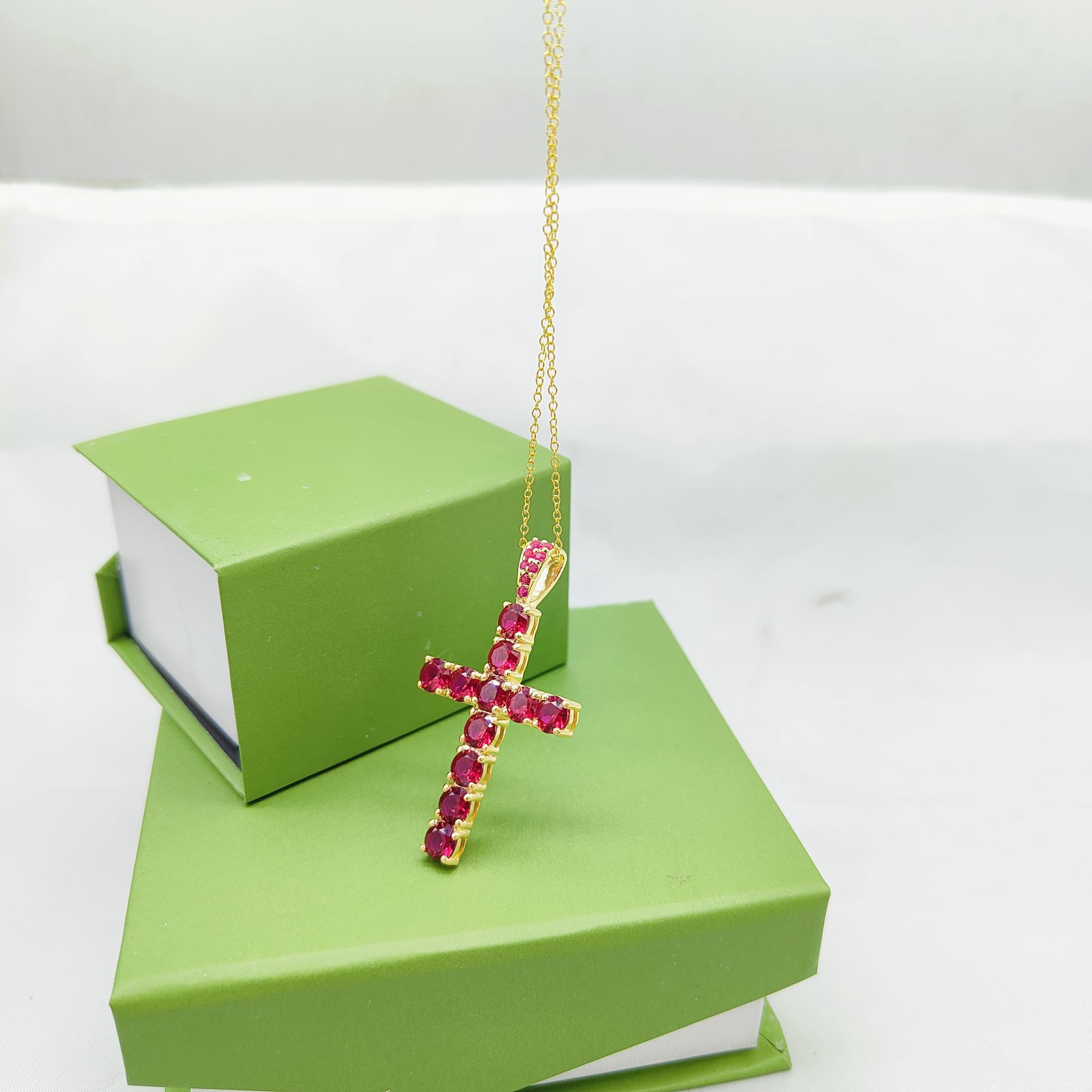 Red Ruby Cross Pendant, 14k Yellow Gold Plated Sterling Silver - Etsy