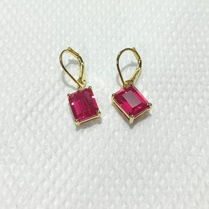 Yellow Gold Plated Sterling Silver Emerald Cut Ruby Dangle Earrings Art Deco Style