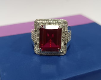 Large Emerald Cut Red Ruby Ring for Men Lab Created Ruby Statement Ring Silver Halo Signet Ring Pave Diamonds Ruby Gemstone 925 Silver