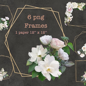 White Flowers Geometric Polygonal Frames Clipart | Gold Glitter Floral Frames  Clip Art