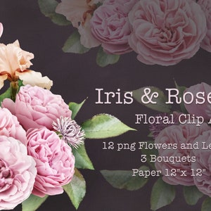 Rosa Rosen und Iris Clipart | Blumensträuße Rosen PNG | Echte Blumen Clip Art | Digitale Blumenarrangements