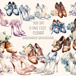 Wedding Shoes Clipart | Watercolor Bride and Groom Wedding Shoes Illustrations Clip Art Set PNG