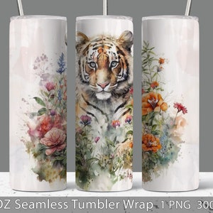 Cute Tiger Tumbler Sublimation Wrap | Watercolor  Animal Seamless Straight Template PNG 20 oz