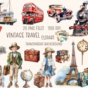 Vintage Travel Clipart | Watercolor Travel Vacation Illustration PNG