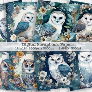 Owls Blue Backgrounds | Watercolor Digital Indigo Scrapbook Paper