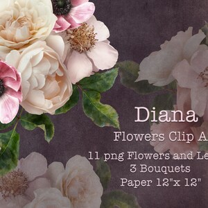 Blumen Clipart | Sträuße weißer Rosen, Rosa Pfingstrose und Anemone | Echte Blumen Clip Art | Digitale Blumenarrangements PNG