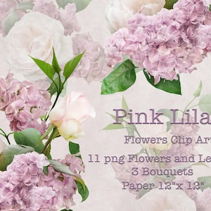 Pink Lilac and Roses Clip Art / Ramos de flores Clipart / Arreglos florales PNG / Descarga digital