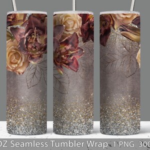 Roses and Lily Glitter Tumbler Sublimation Wrap |  Seamless Floral Straight Tumbler Design | Brown  Flowers Tumbler Templates PNG