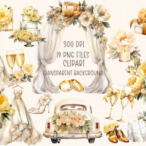 Wedding Clipart | Watercolor Gold Wedding Illustrations Clip Art Set PNG