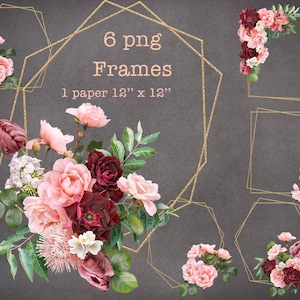 Pink and Red Roses Frames PNG | Flowers Geometric Polygonal Frames Clipart |  Gold Glitter Floral Frames Clip Art