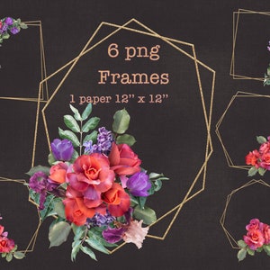 Red and Purple Flowers Frames PNG | Roses Geometric Polygonal Frames Clipart  | Gold Glitter Floral Frames Clip Art