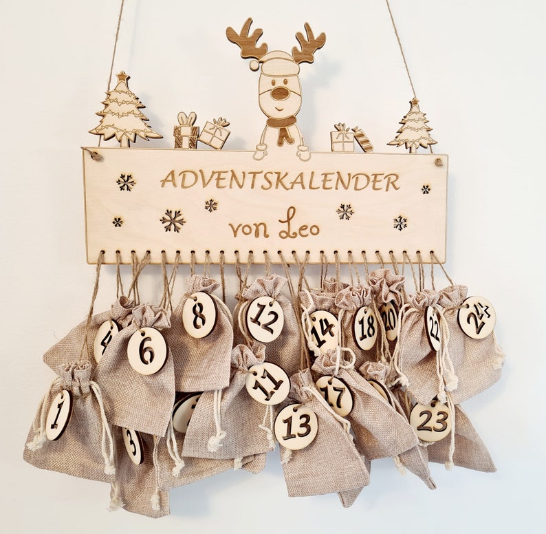 Personalisierter Adventskalender mit LED-Beleuchtung / Adventskalender zum Befüllen / Weihnachten / Jutesäckchen / Kinder Bild 1