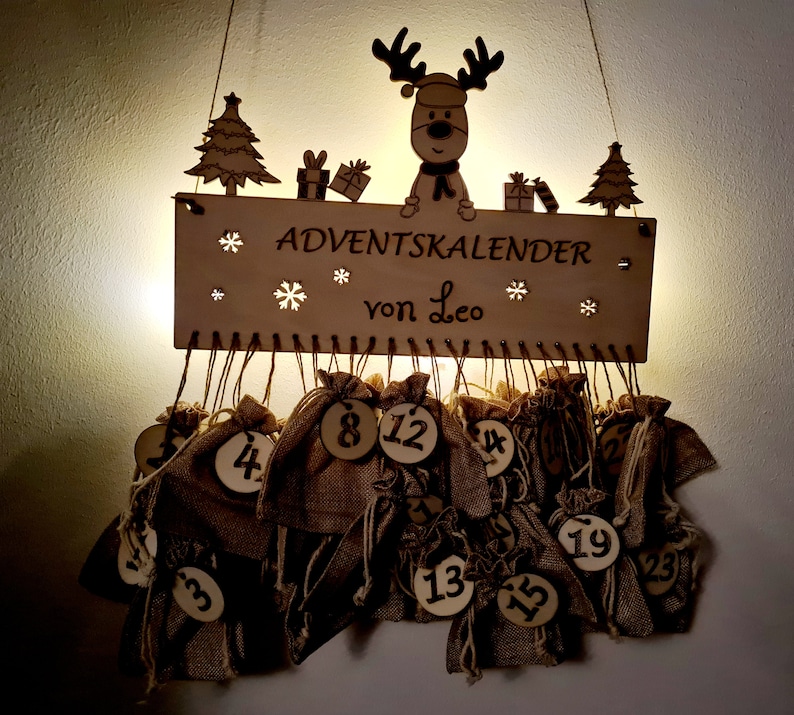 Personalisierter Adventskalender mit LED-Beleuchtung / Adventskalender zum Befüllen / Weihnachten / Jutesäckchen / Kinder Bild 2